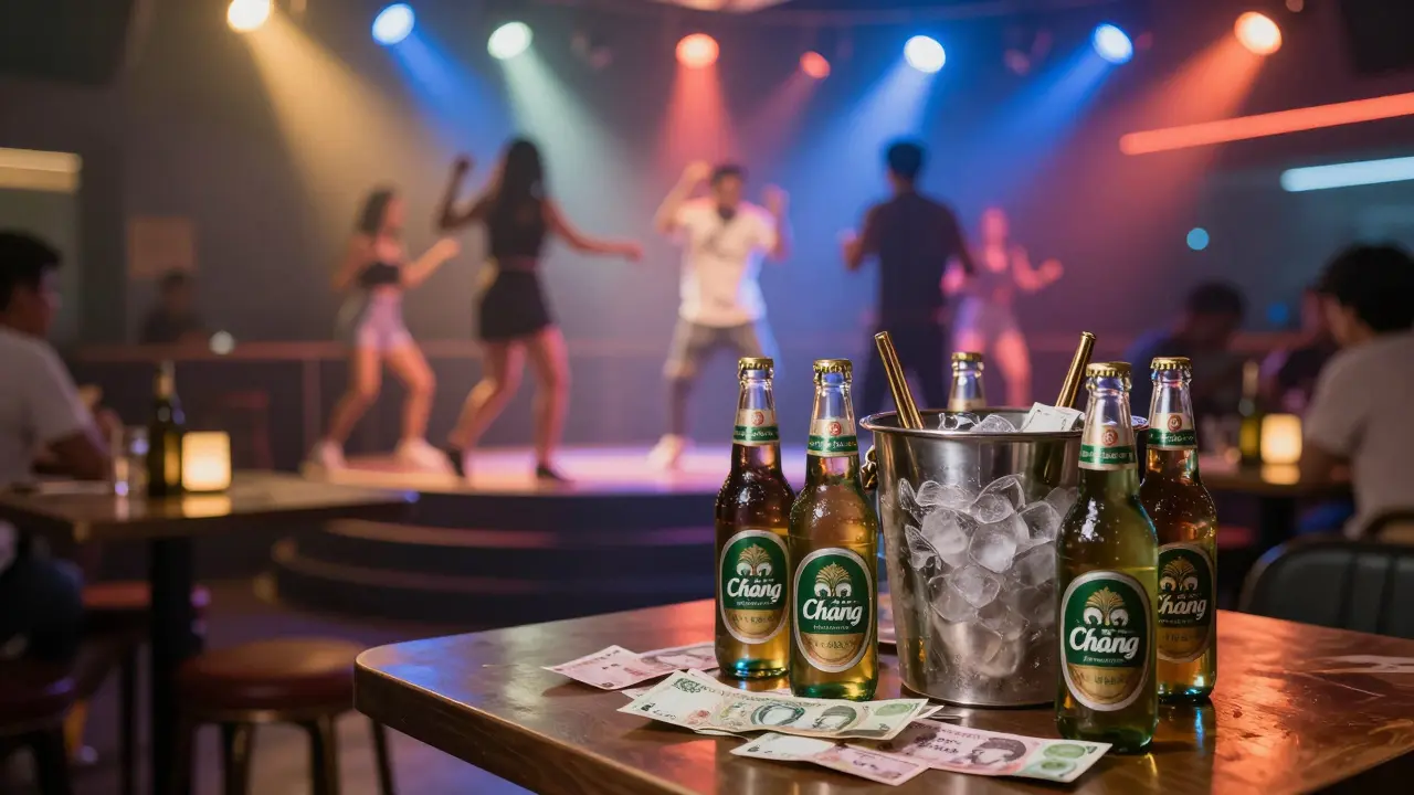 Interior of a Thai go-go bar with drinks and cash