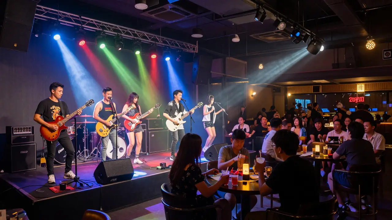 Live band performing in a busy Thai go-go bar