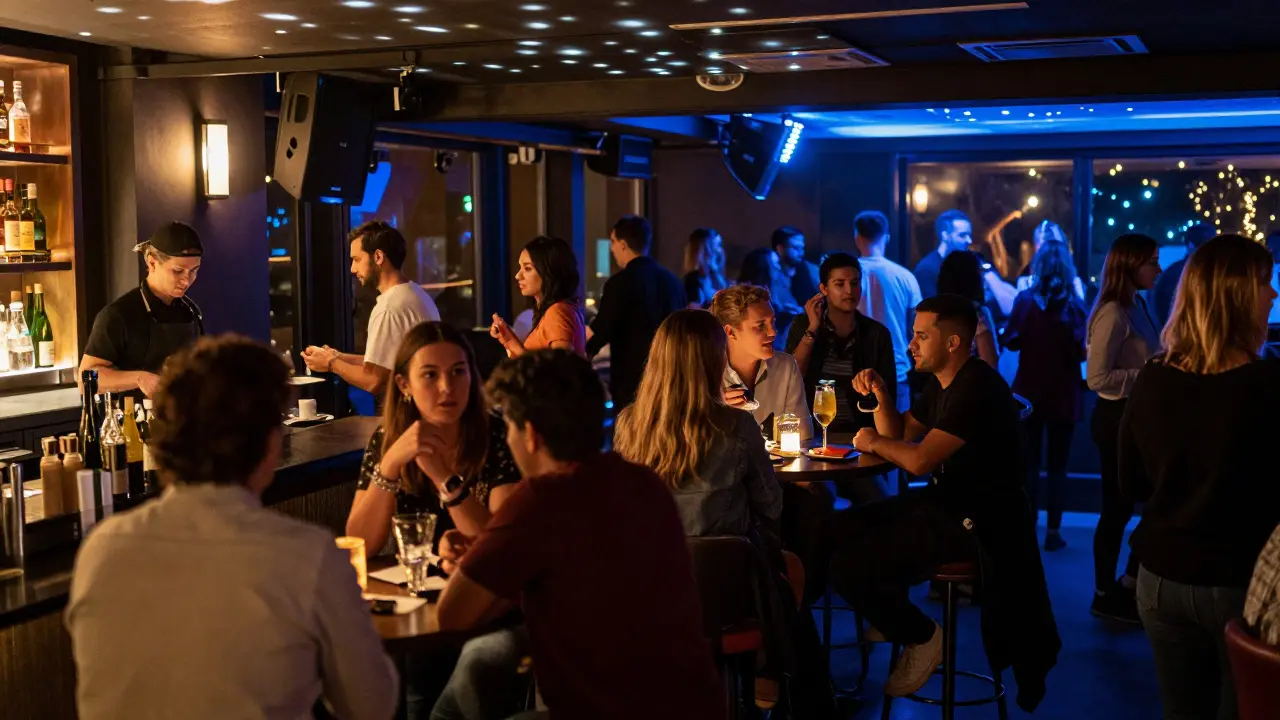 Lively interior of Baccara bar with patrons dancing and drinking