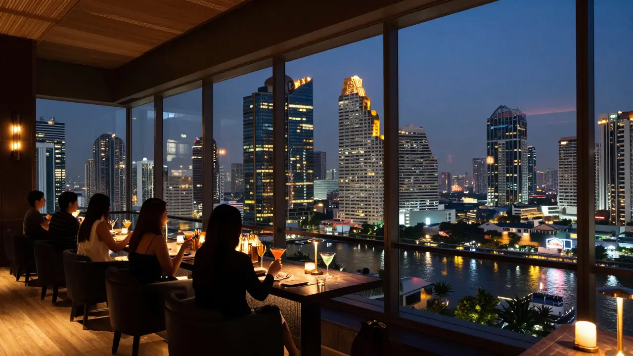 Luxurious rooftop bar view of Bangkok skyline at twilight