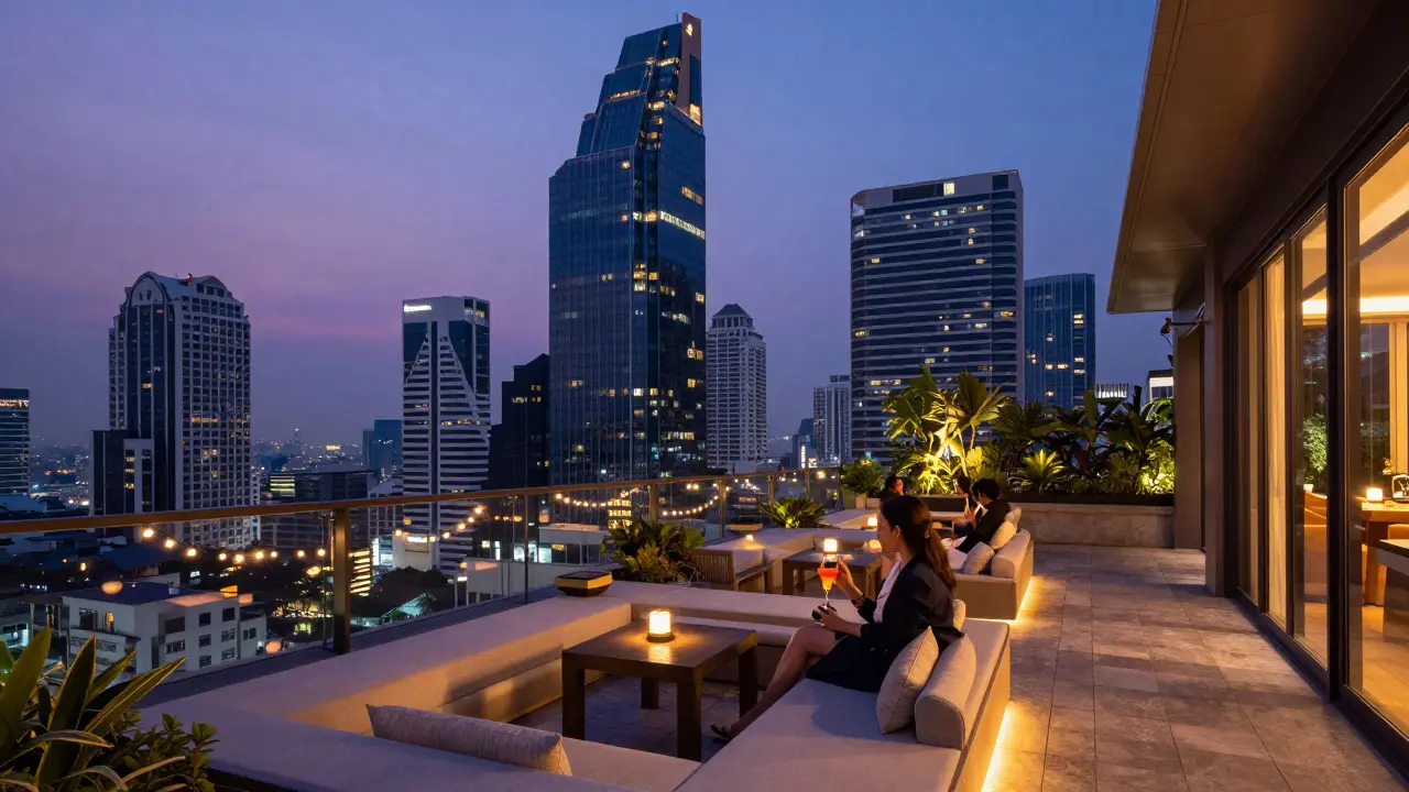 Luxurious rooftop terrace overlooking Bangkok skyline at dusk