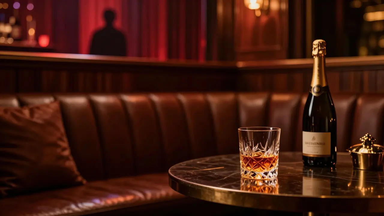 Luxurious VIP booth in a dimly lit Bangkok gentlemen's club