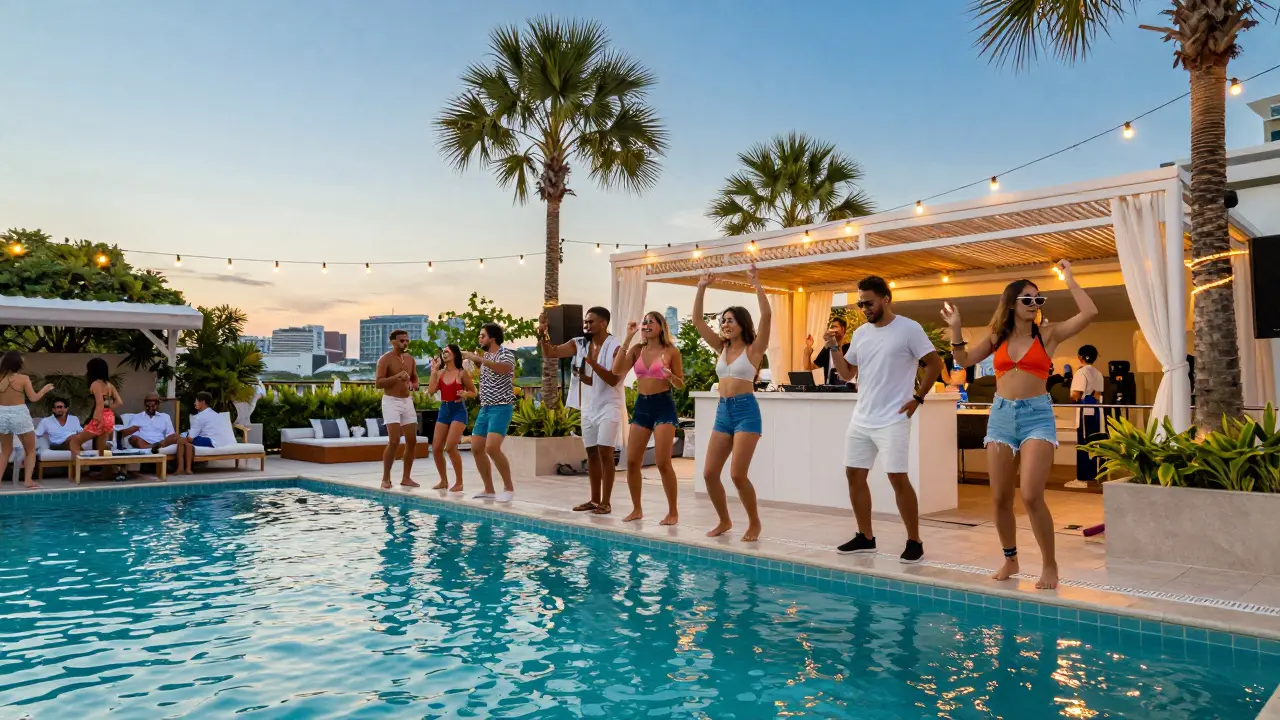 Luxury hotel pool party with dancing guests and string lights