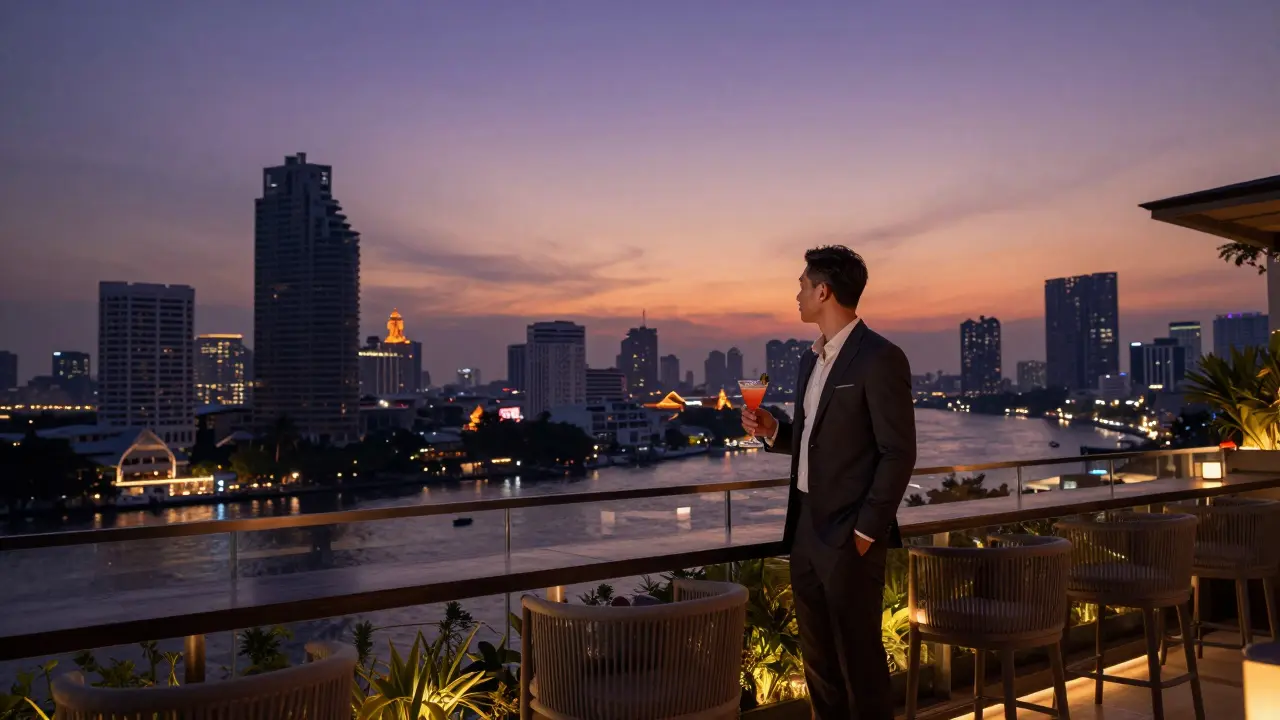 Man in suit enjoying cocktails on a Bangkok rooftop bar