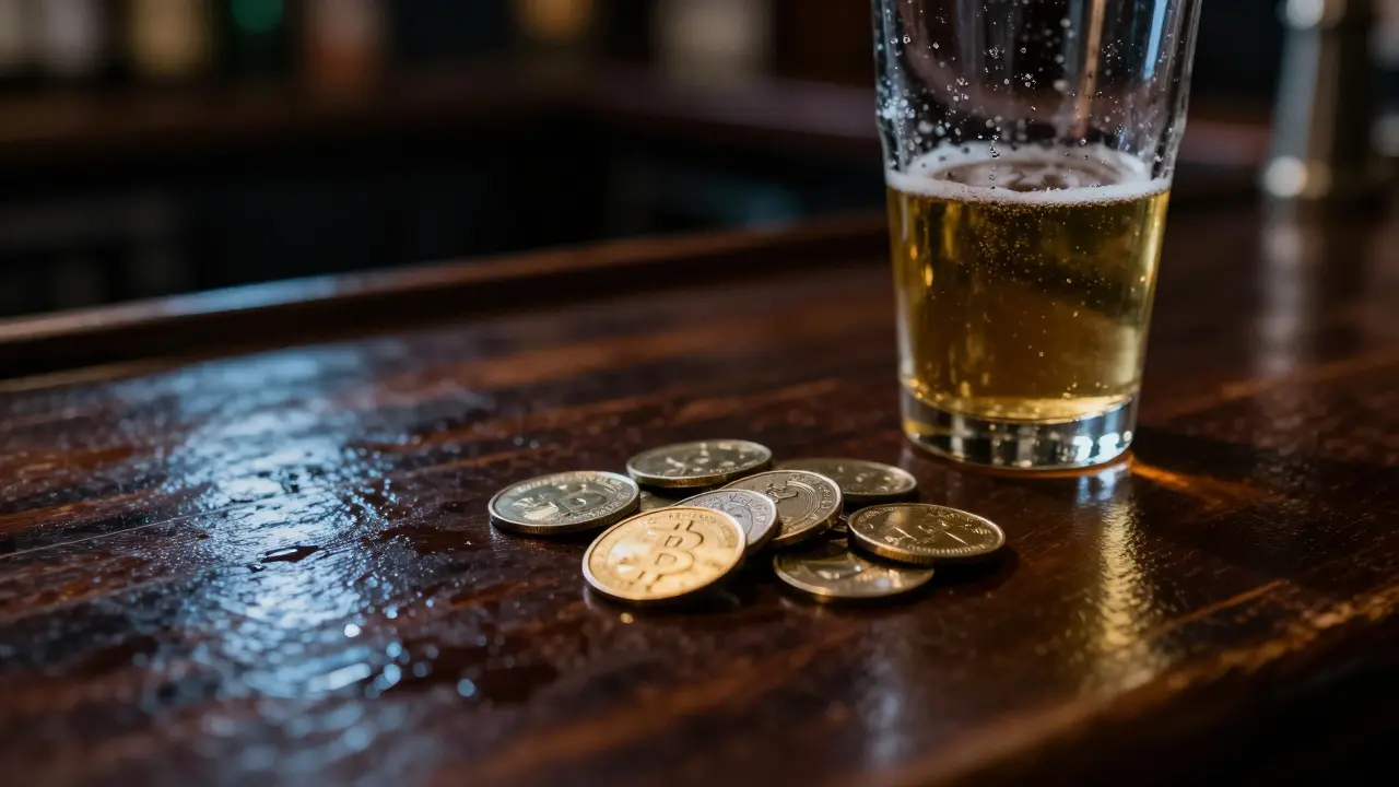 Metallic tokens on a dark bar counter under dramatic, low lighting