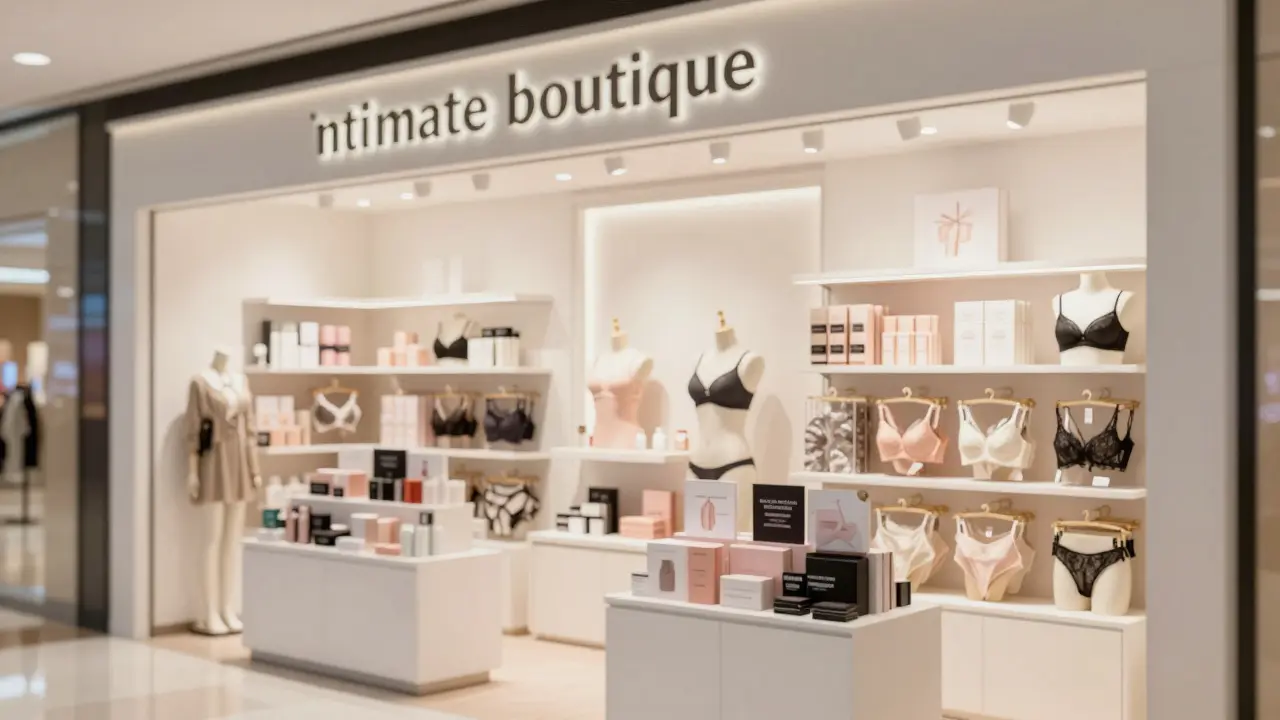 Modern intimate boutique interior with lingerie display