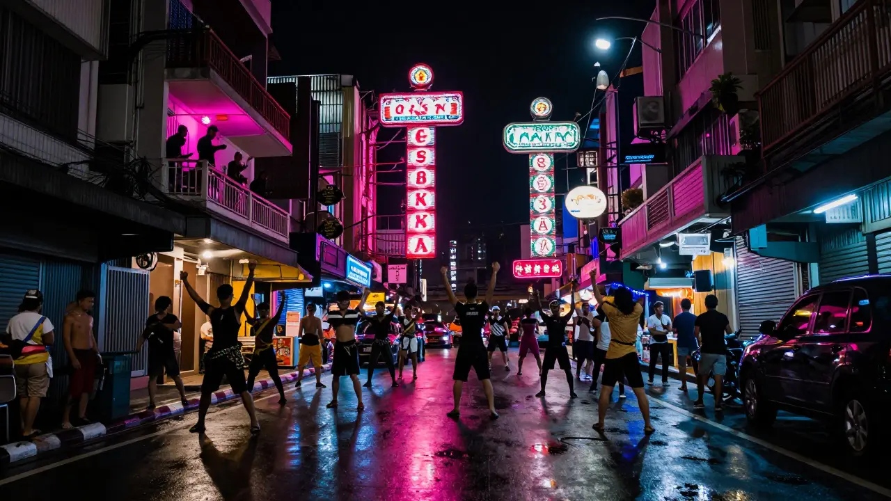 Neon-lit go-go bars along Soi Cowboy street in Bangkok