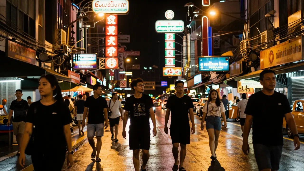 Nightlife street scene in Thailand with bright club signage