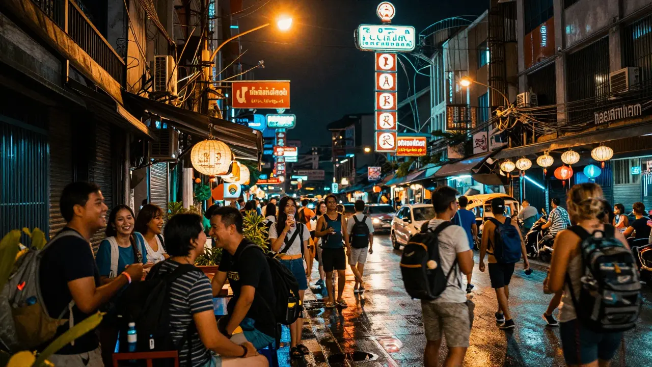 Nighttime street scene in Khao San Road with travelers