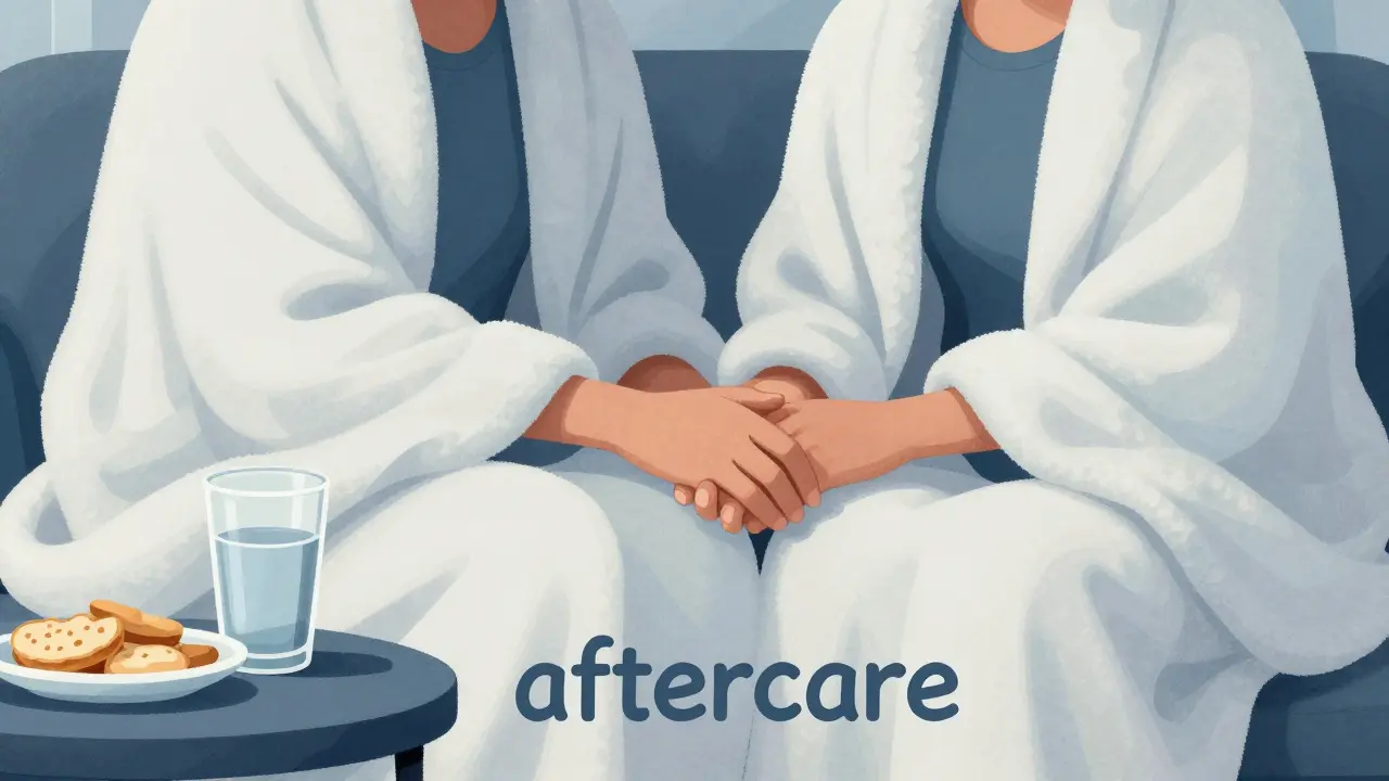 Partners cuddling under blanket during aftercare with water