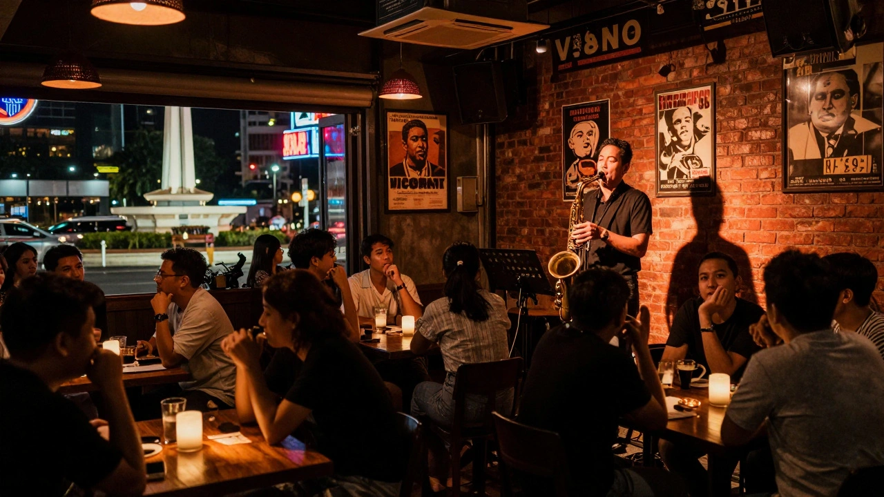 Passionate saxophonist performing in a cozy, rustic independent jazz bar