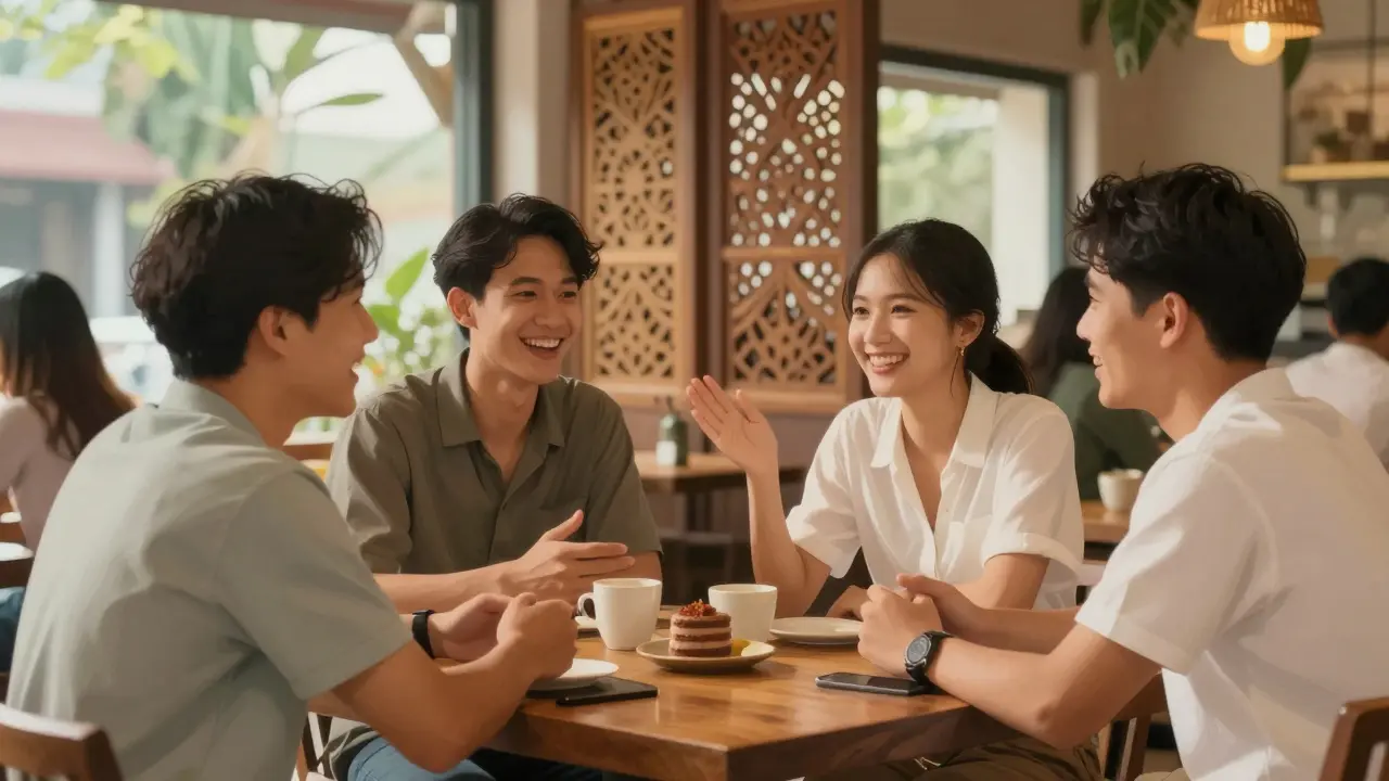 People chatting respectfully in a sunny Thai cafe setting