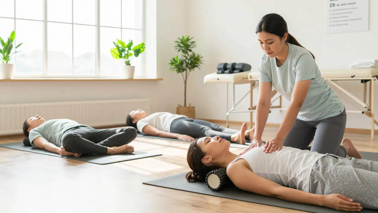 People enjoying safe wellness activities like yoga and professional massage