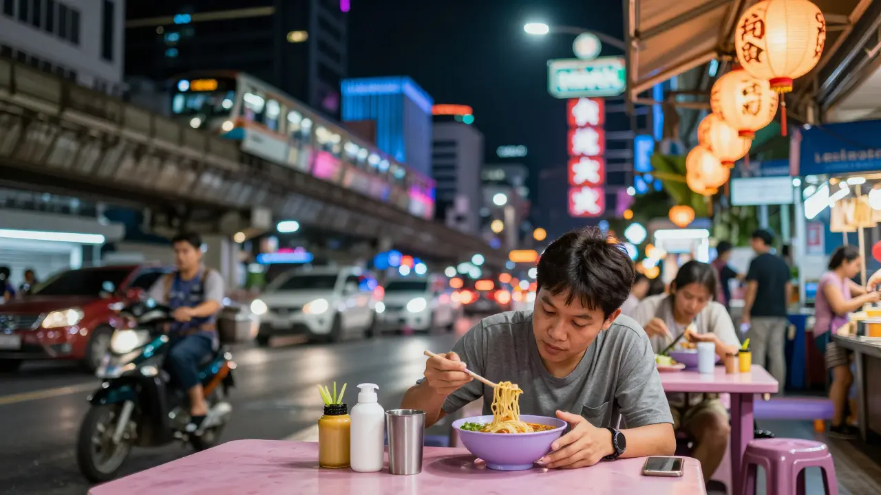 Person enjoying street food in Sukhumvit after a relaxing massage