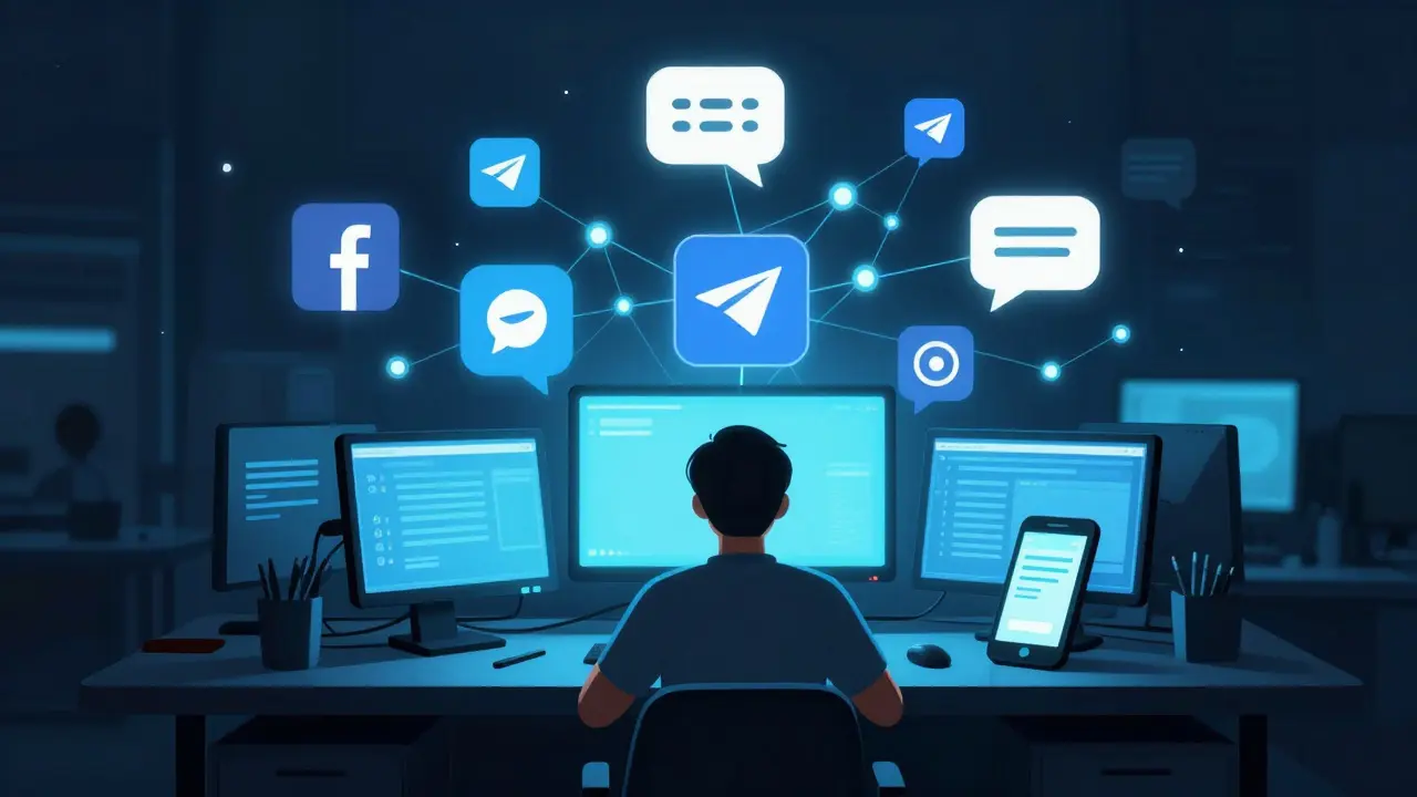 Person in dark room illuminated by computer screens showing social media networks and data