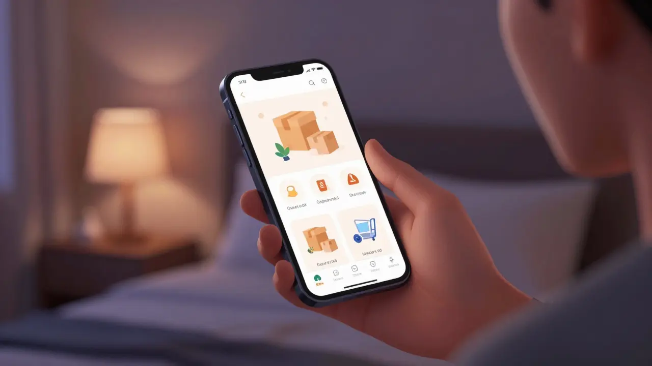 Person using smartphone for discreet online shopping in a hotel room