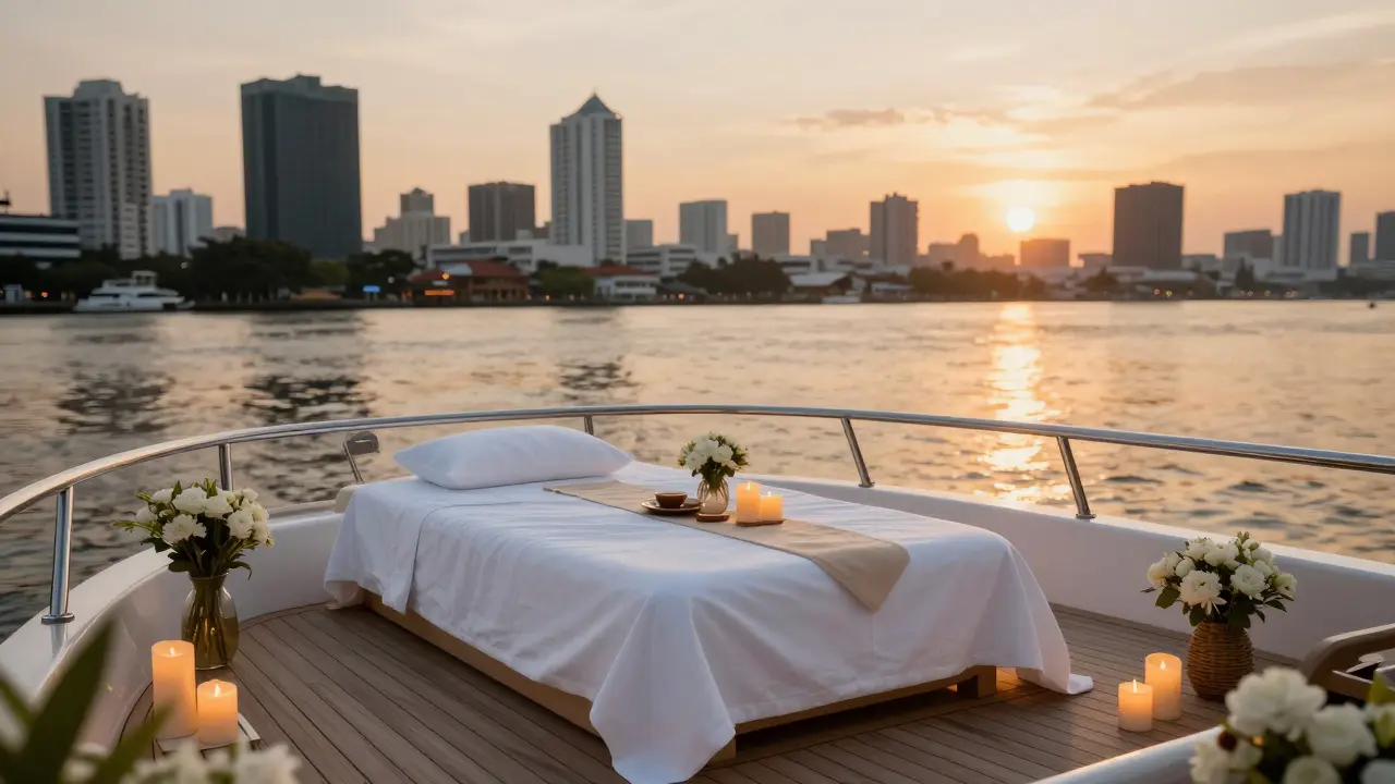 Private yacht deck set up for luxury spa experience on Chao Phraya River