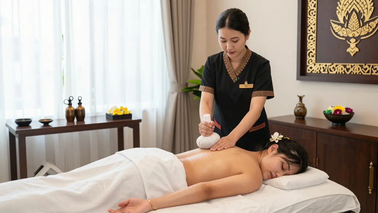 Professional Thai herbal compress massage in a clean, bright spa