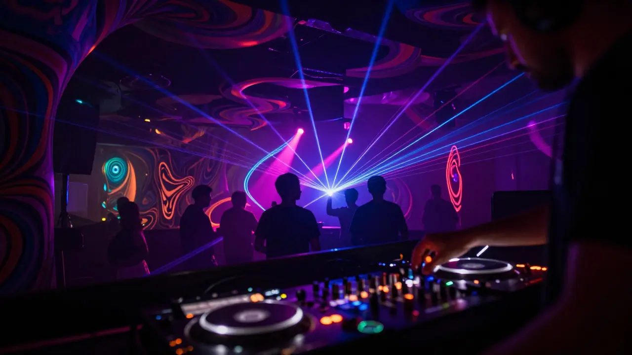 Psychedelic interior of a Bangkok nightclub with lasers and dancers