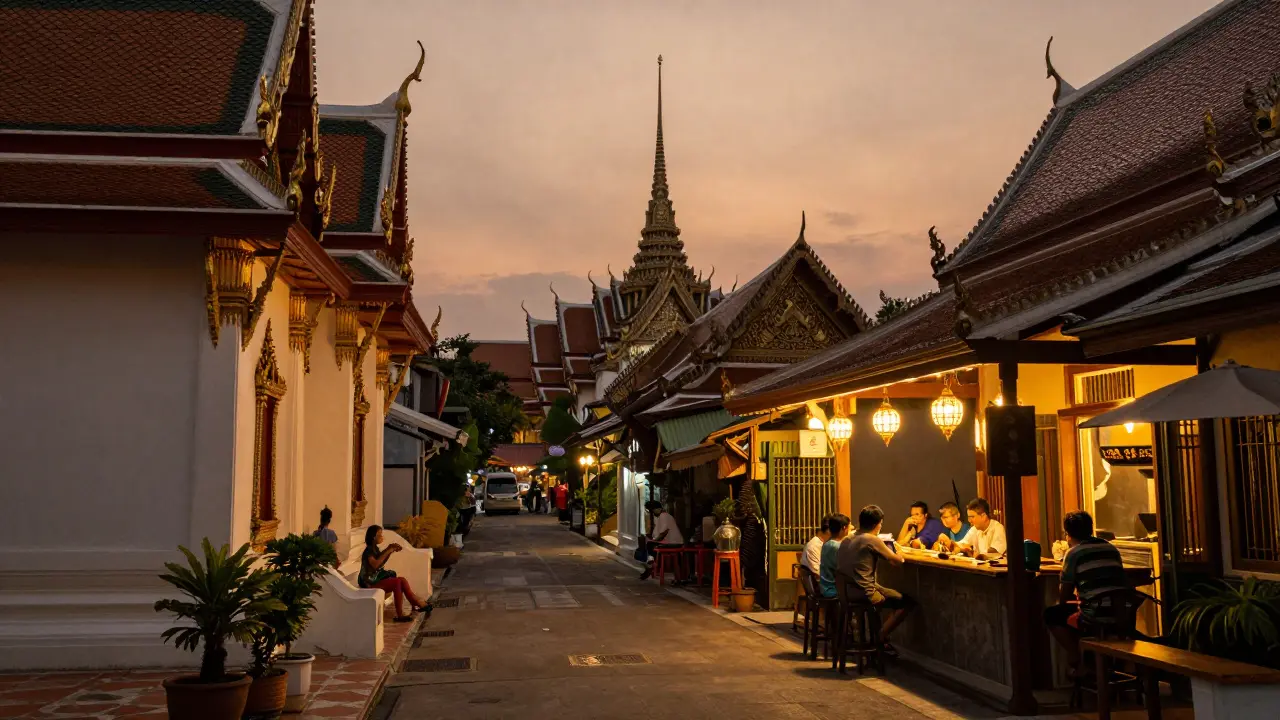 Quiet Thai temple alley at dusk with traditional architecture and soft lighting