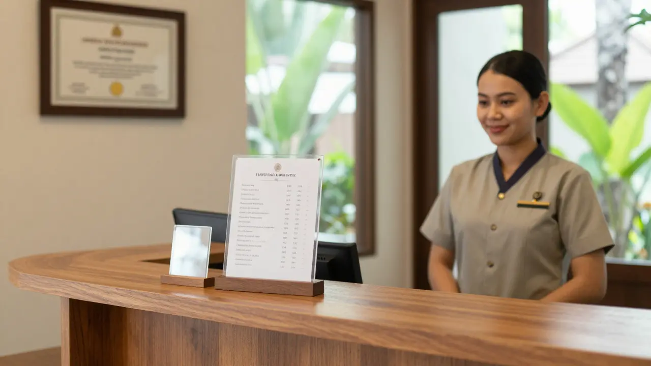 Reception desk of a legitimate Thai spa with visible license and price list.