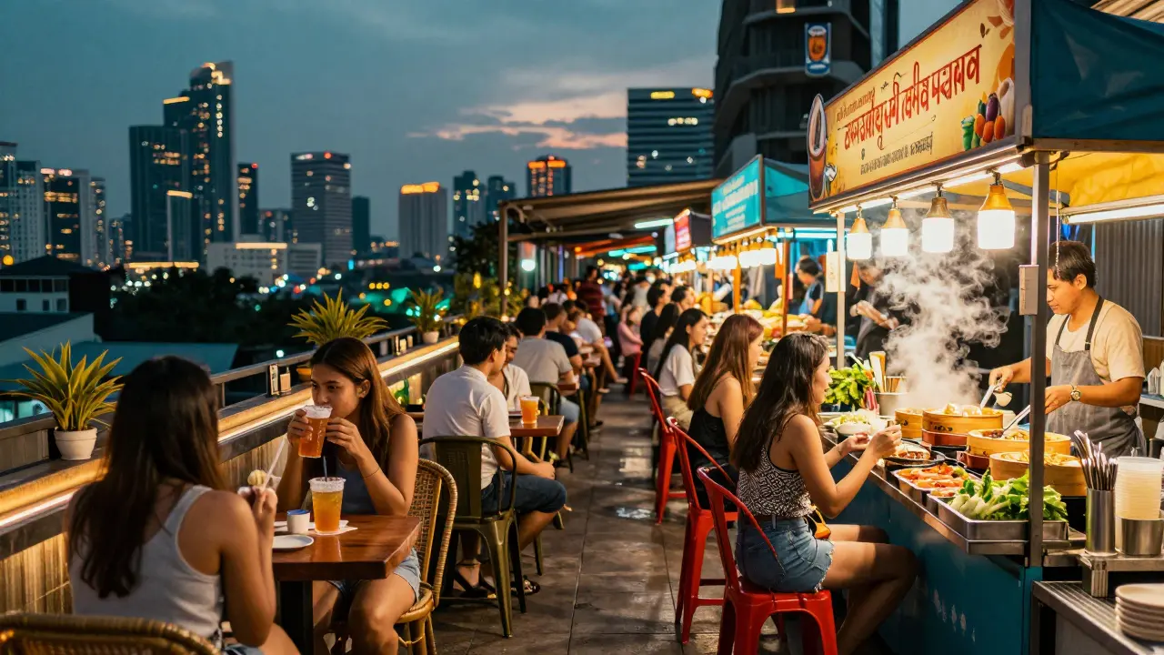 Rooftop bar view and night market food stalls in Bangkok