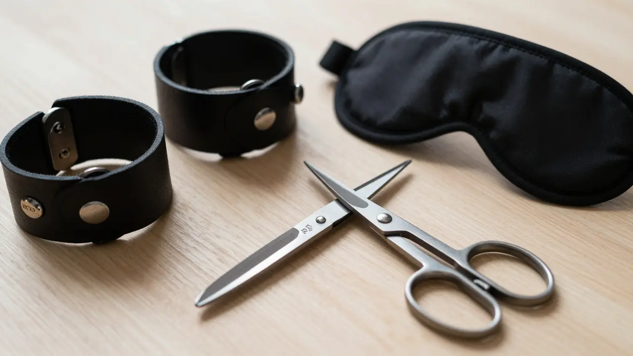 Safety scissors and soft restraints on a wooden table