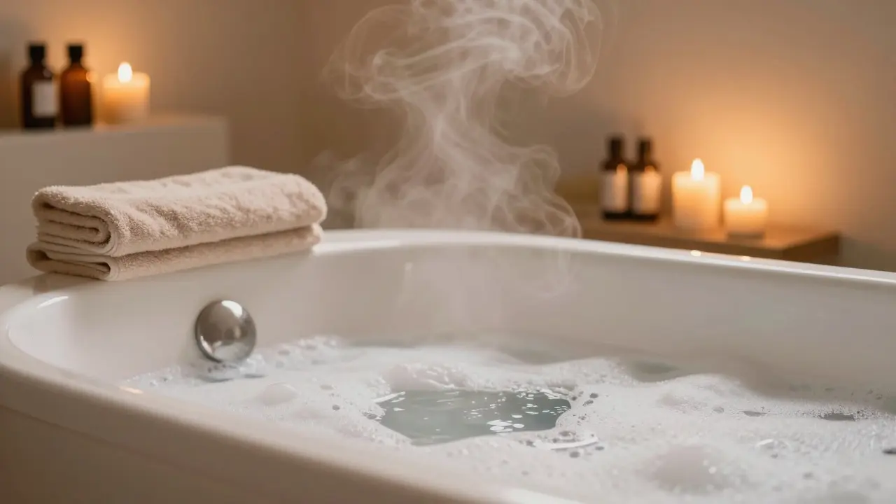 Serene bathroom scene with steam and spa essentials