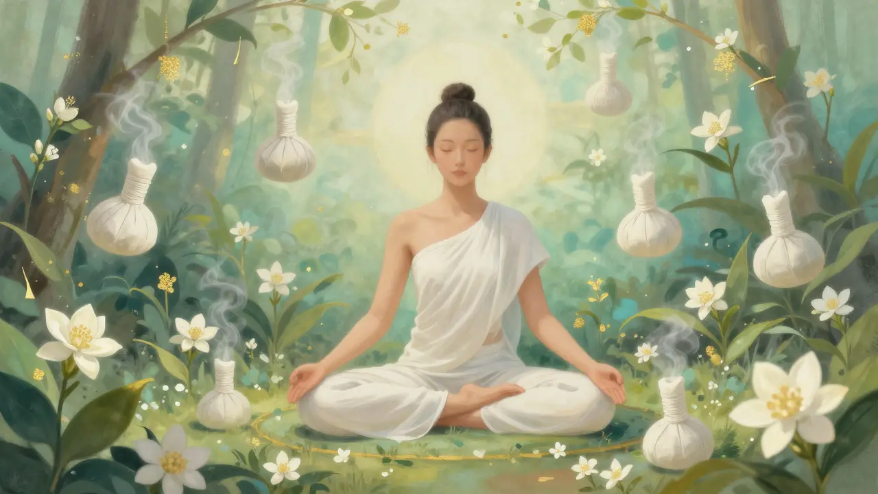Serene figure in a meditative pose surrounded by herbal elements and soft steam, symbolizing holistic healing and relaxation.