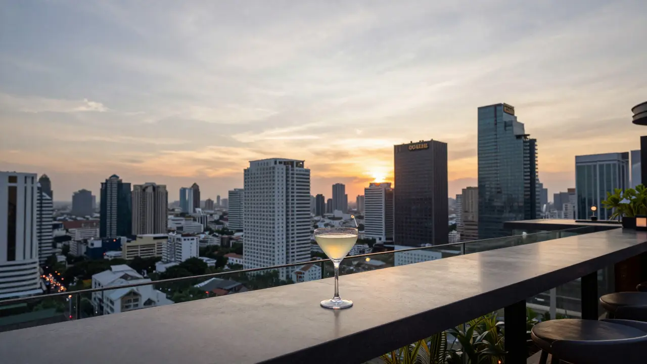 Serene rooftop bar view of Bangkok skyline at sunset