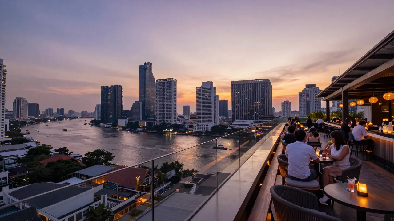 Serene rooftop bar view over Bangkok skyline at sunset