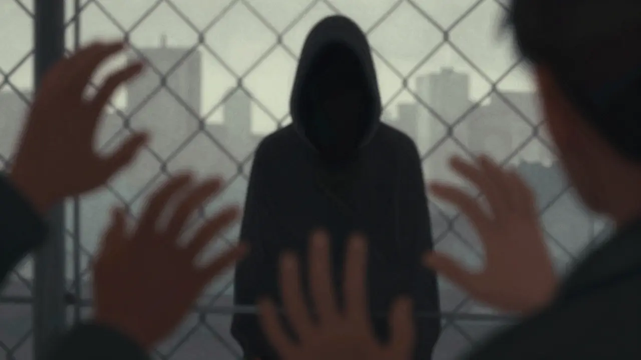 Shadowy figure behind a barrier symbolizing exploitation and vulnerability