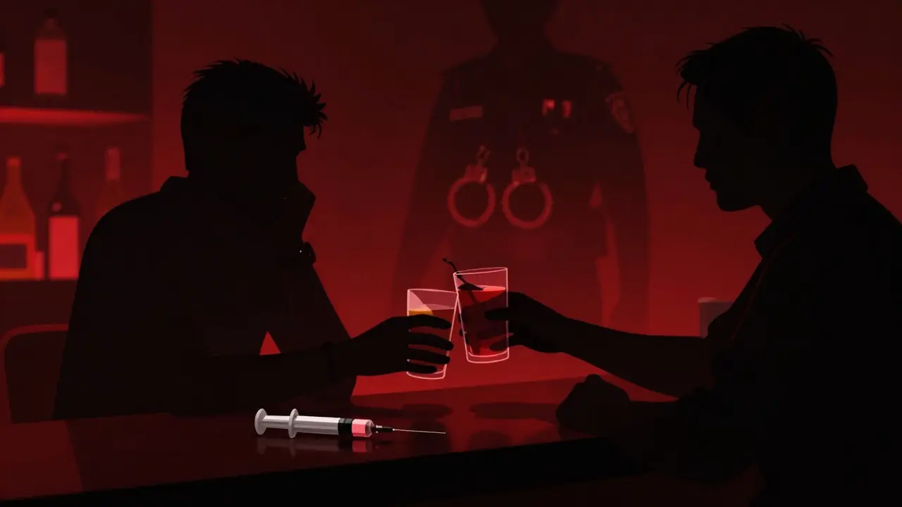 Shadowy figure offering a suspicious drink to a tourist in a dark bar