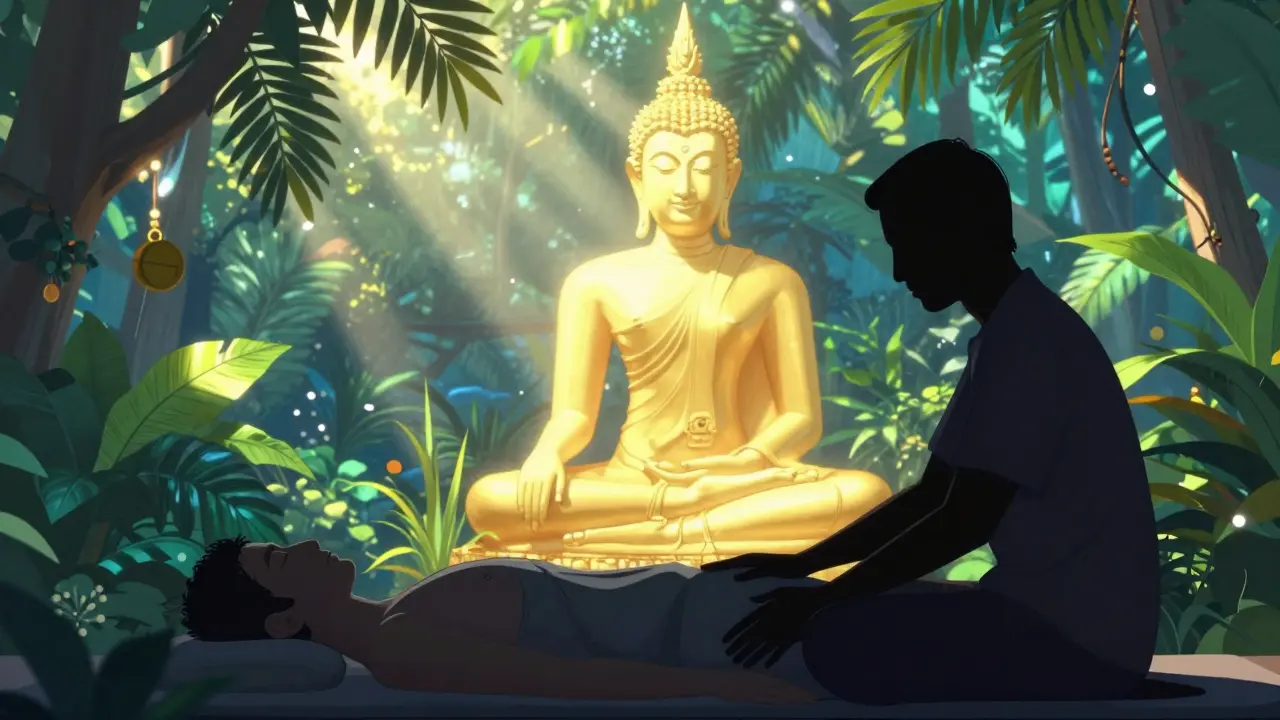 Silhouette meditating in a garden with a golden Buddha statue background