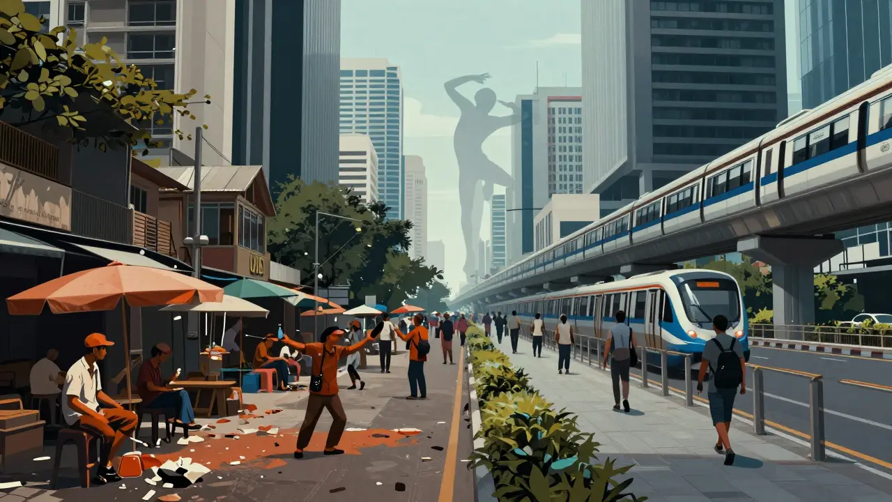 Silhouette of stickman fading as Bangkok modernizes with skytrains