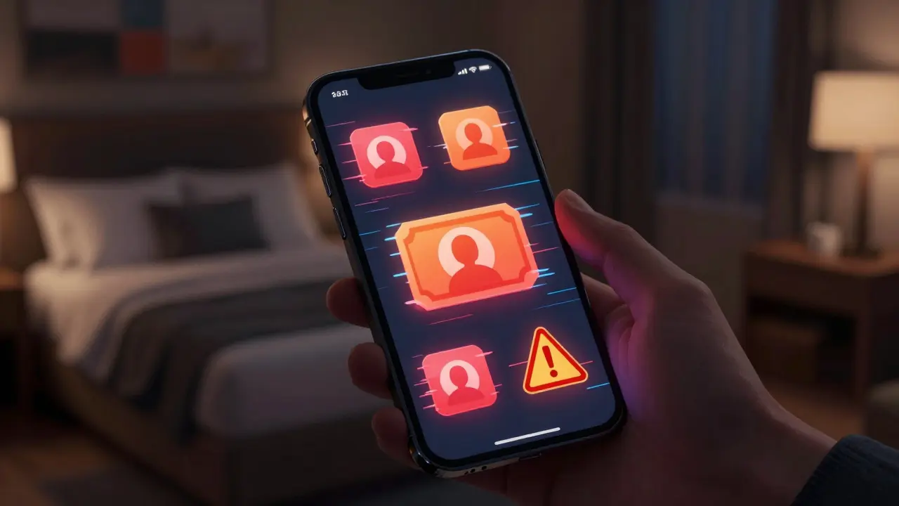 Smartphone in dark room showing abstract scam warning icons