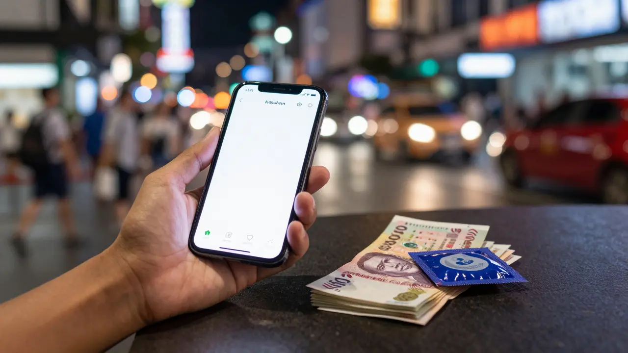 Smartphone with ride app, cash, and protection on a table in Bangkok