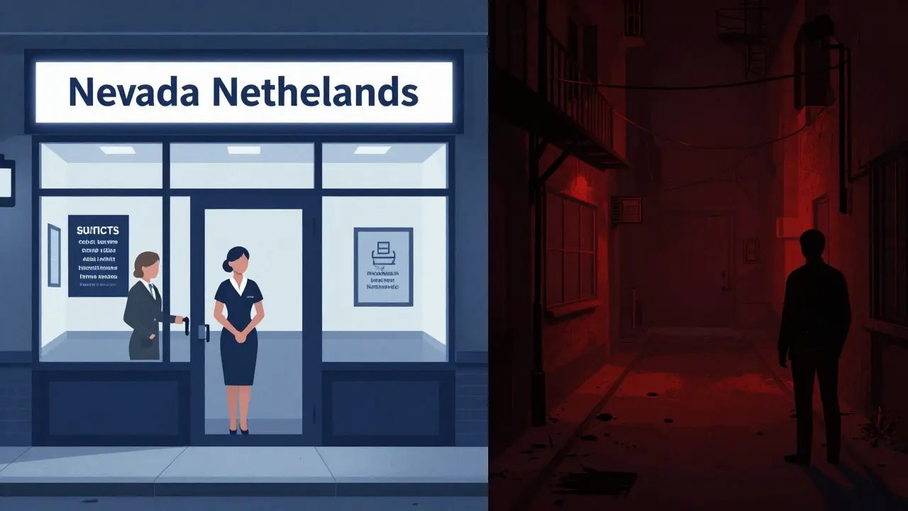 Split illustration contrasting safe licensed venues with dangerous illegal ones