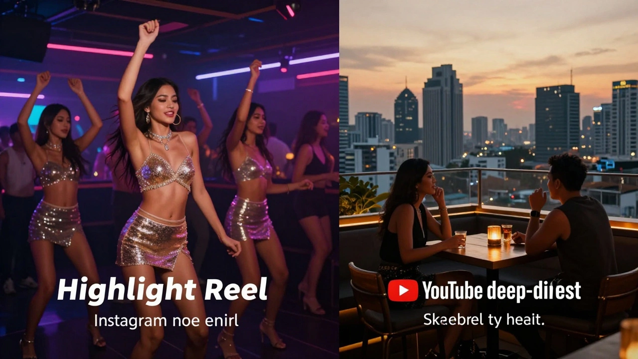 Split view of glamorous club dance floor and quiet rooftop bar in Bangkok
