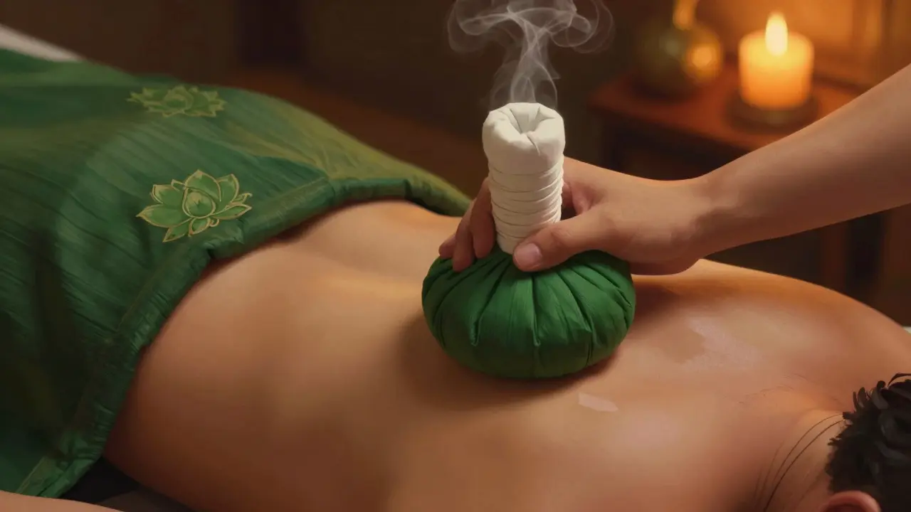 Steaming herbal compress applied to shoulder in a warm spa setting