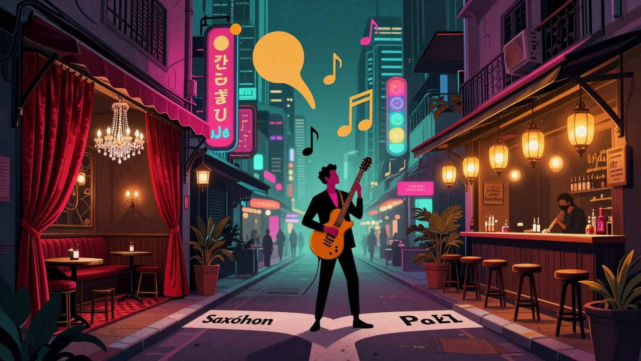 Stylized illustration of choosing between glamorous and rustic jazz venues