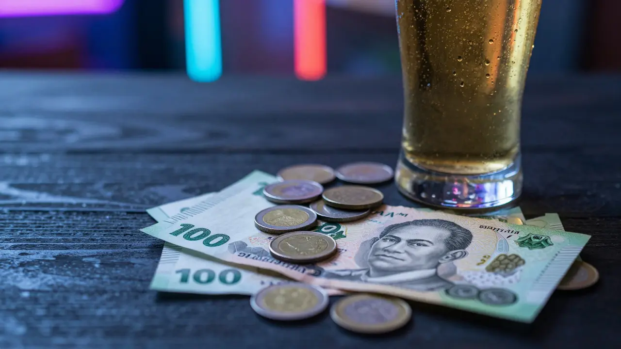 Thai Baht cash and beer on a dark bar table
