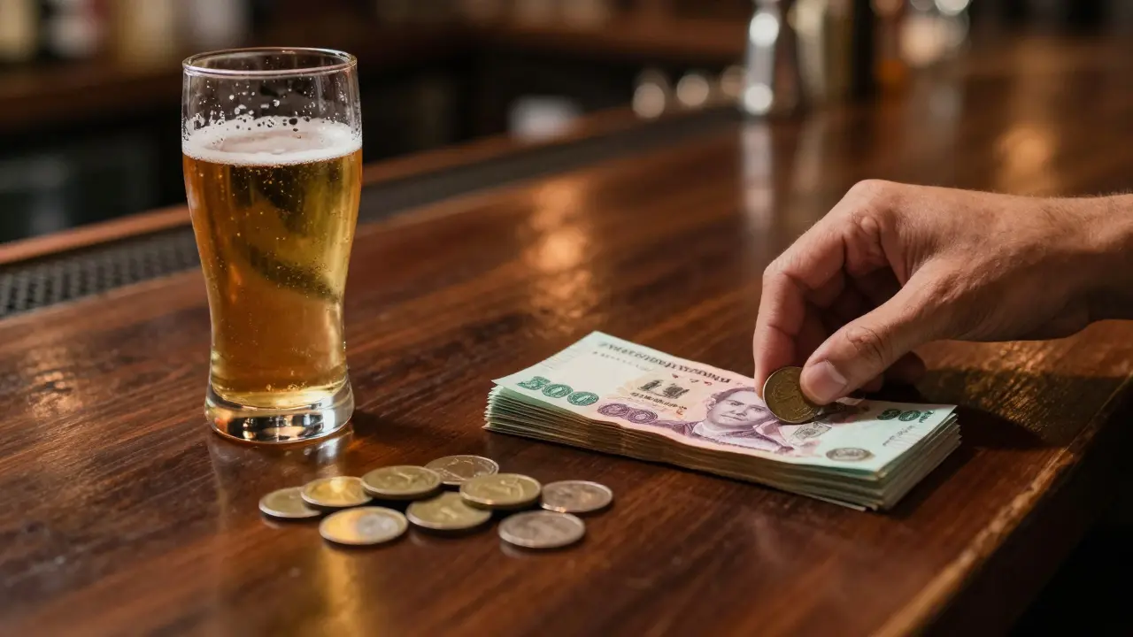 Thai baht cash and tips on a bar table with a beer glass