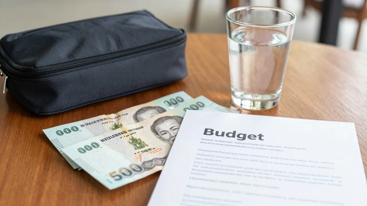 Thai Baht notes, water, and toiletries on a wooden table