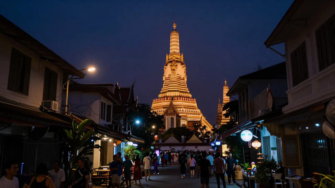 Thai temple spires glowing above the bustling nightlife of Khaosan Road alleys.