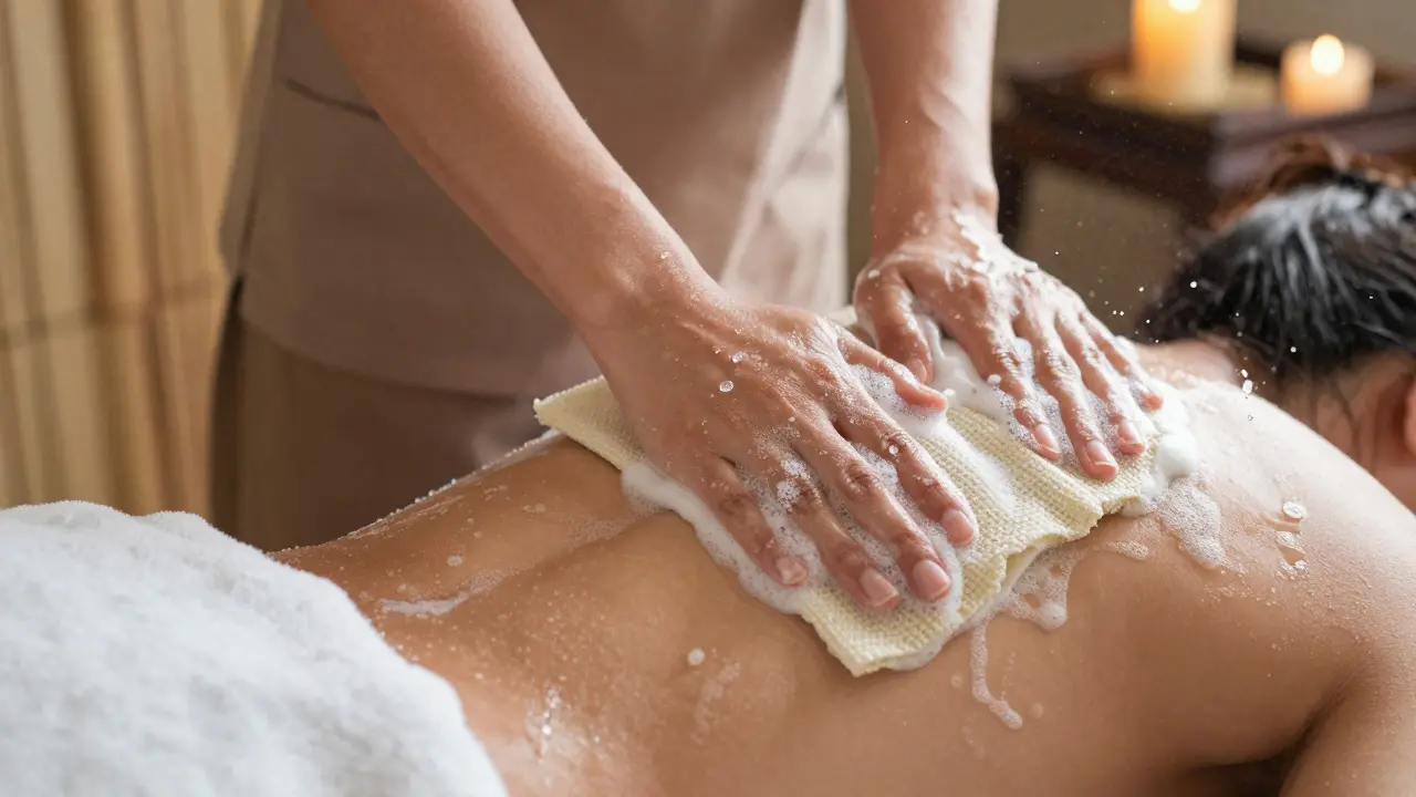 Therapist performing a soapy massage with suds and water