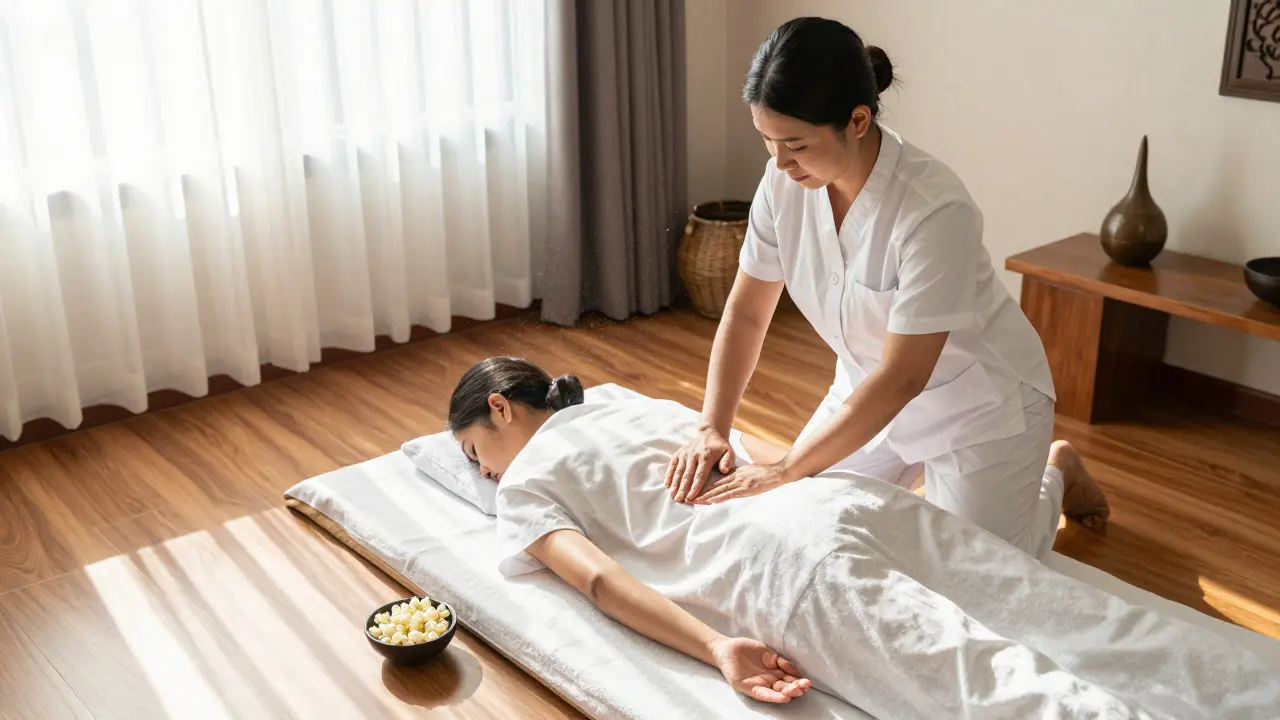 Therapist performing traditional Thai stretching massage in a serene, sunlit room