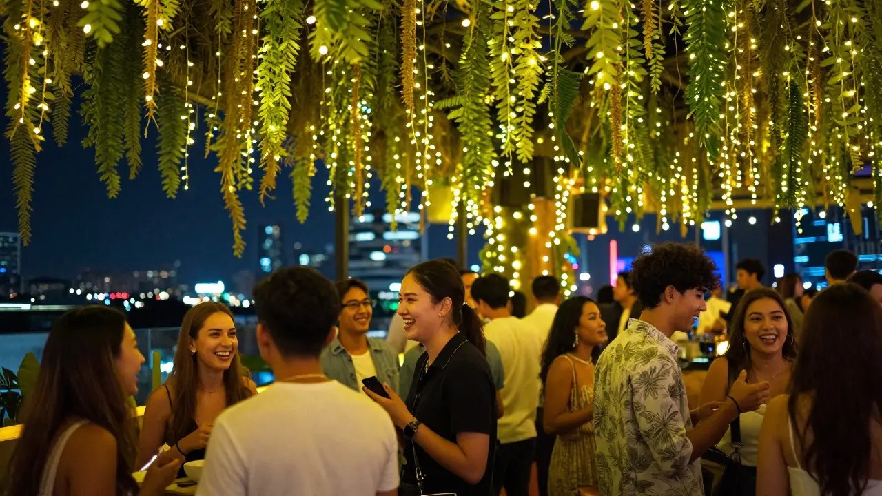 Tichuca rooftop bar with hanging vines and fairy lights at night
