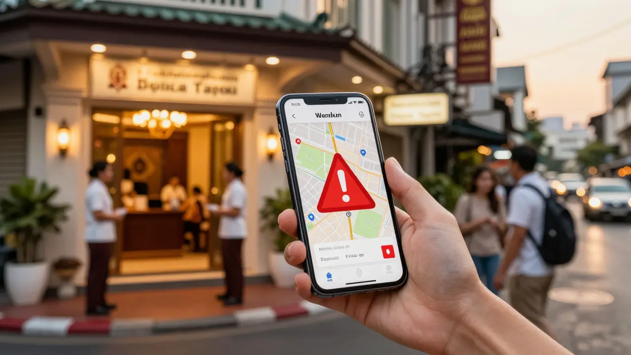 Tourist checking map app near a legitimate, well-lit Thai spa entrance