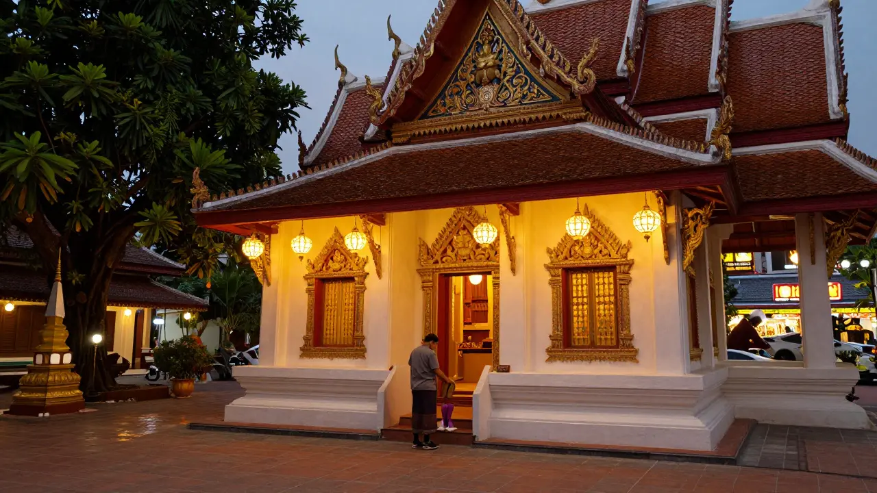 Tourist respectfully visiting a traditional Thai temple at dusk